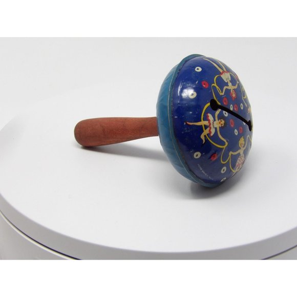 Vintage Blue Metal Noisemaker Rattle Featuring Girls Jumping Rope & Wooden Handl - Picture 8 of 8